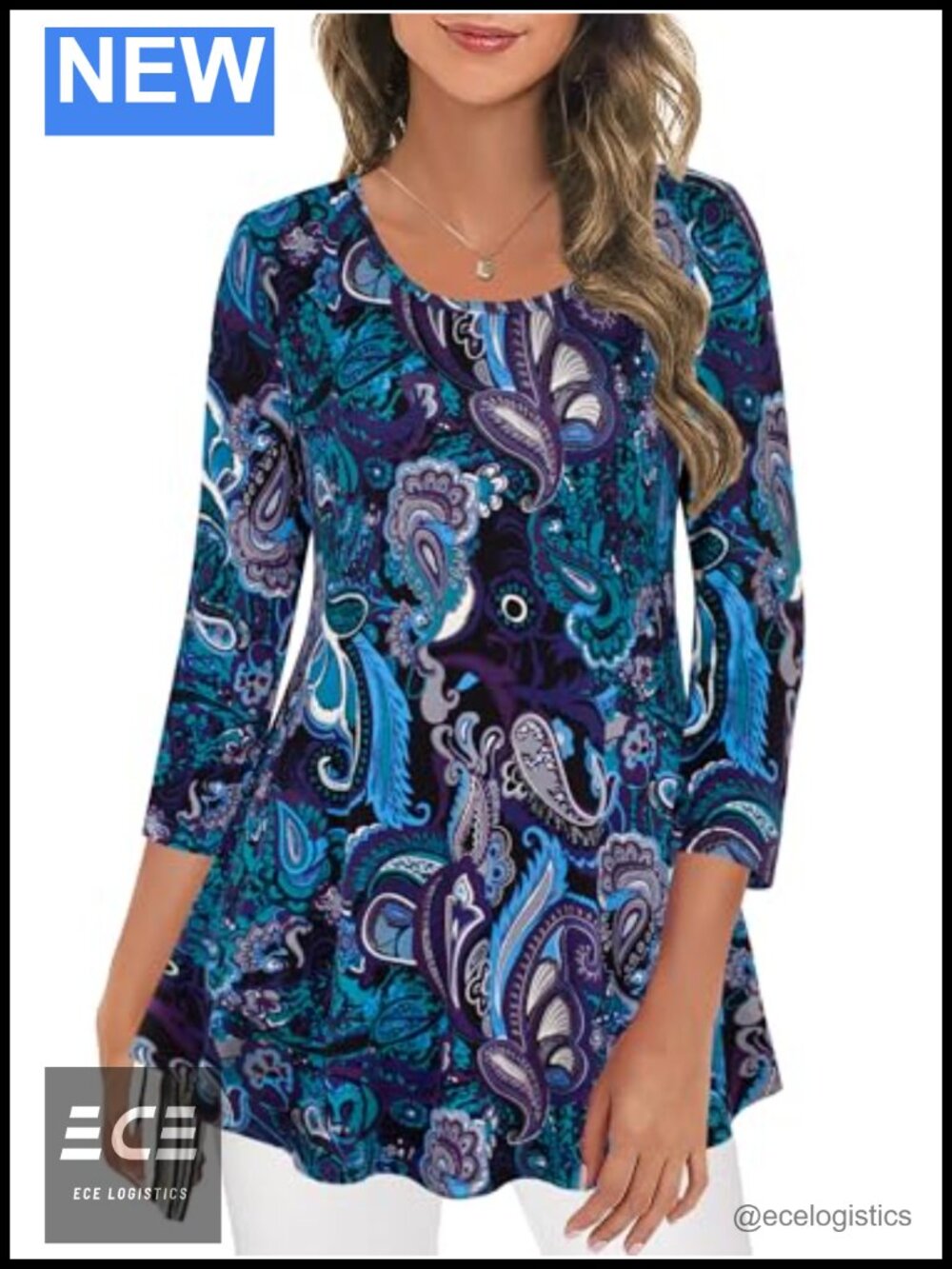 Womens 3/4 Sleeve Floral Tunic Boho Blouse Casual Loose Top